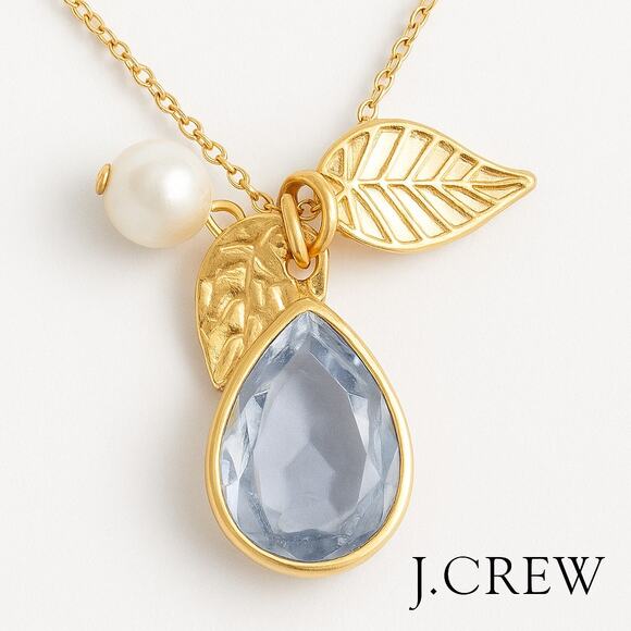 New J. Crew Gold Necklace w/ Crystal & Leaf Pendant - Picture 2 of 3